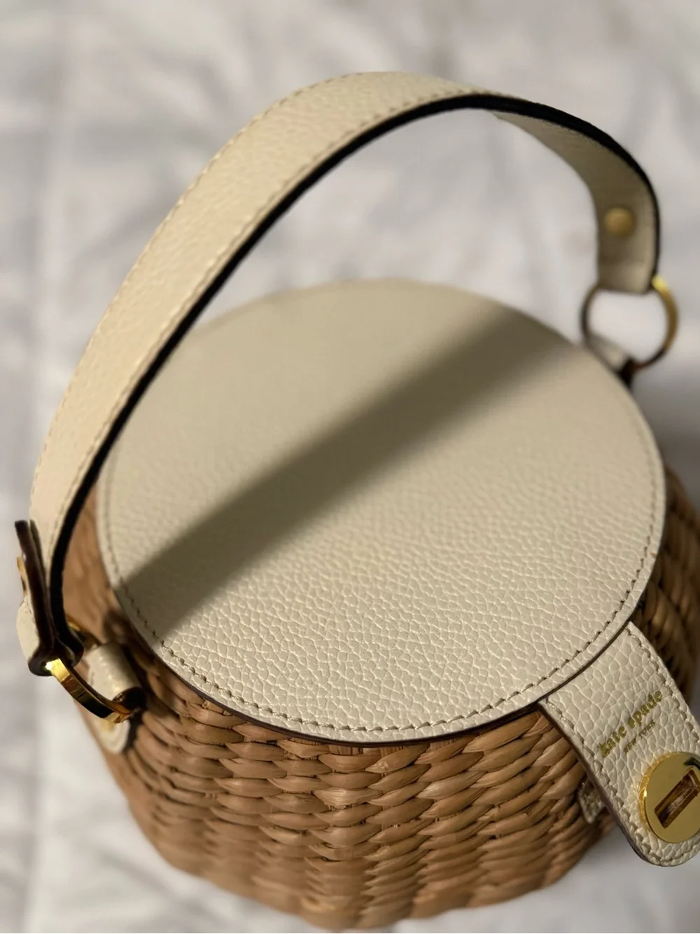 Kate Spade Woven Round Satchel in Tan and Cream with Gold Hardware - like new!